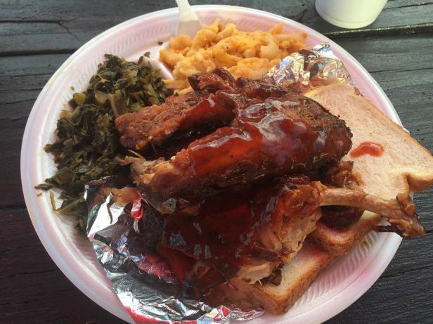A plate of barbecue and sides