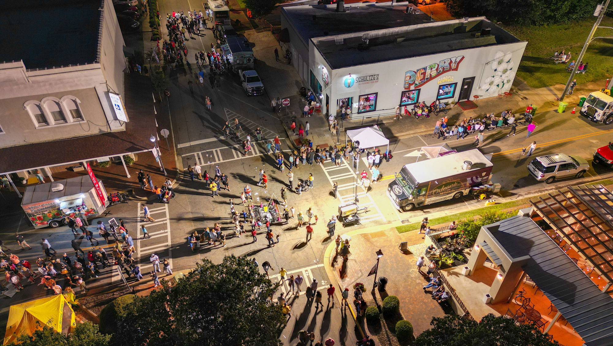 Overhead view of downtown Perry, Georgia, at night
