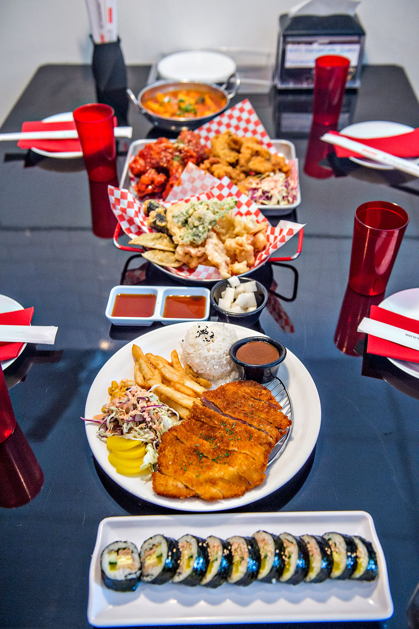 Sampling of food at Harue Korean Chicken Snack Bar in Duluth, Georgia