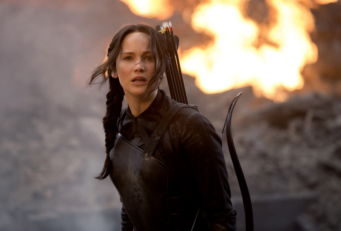 Jennifer Lawrence as Katniss Everdeen, symbol of the rebellion in The Hunger Games: Mockingjay