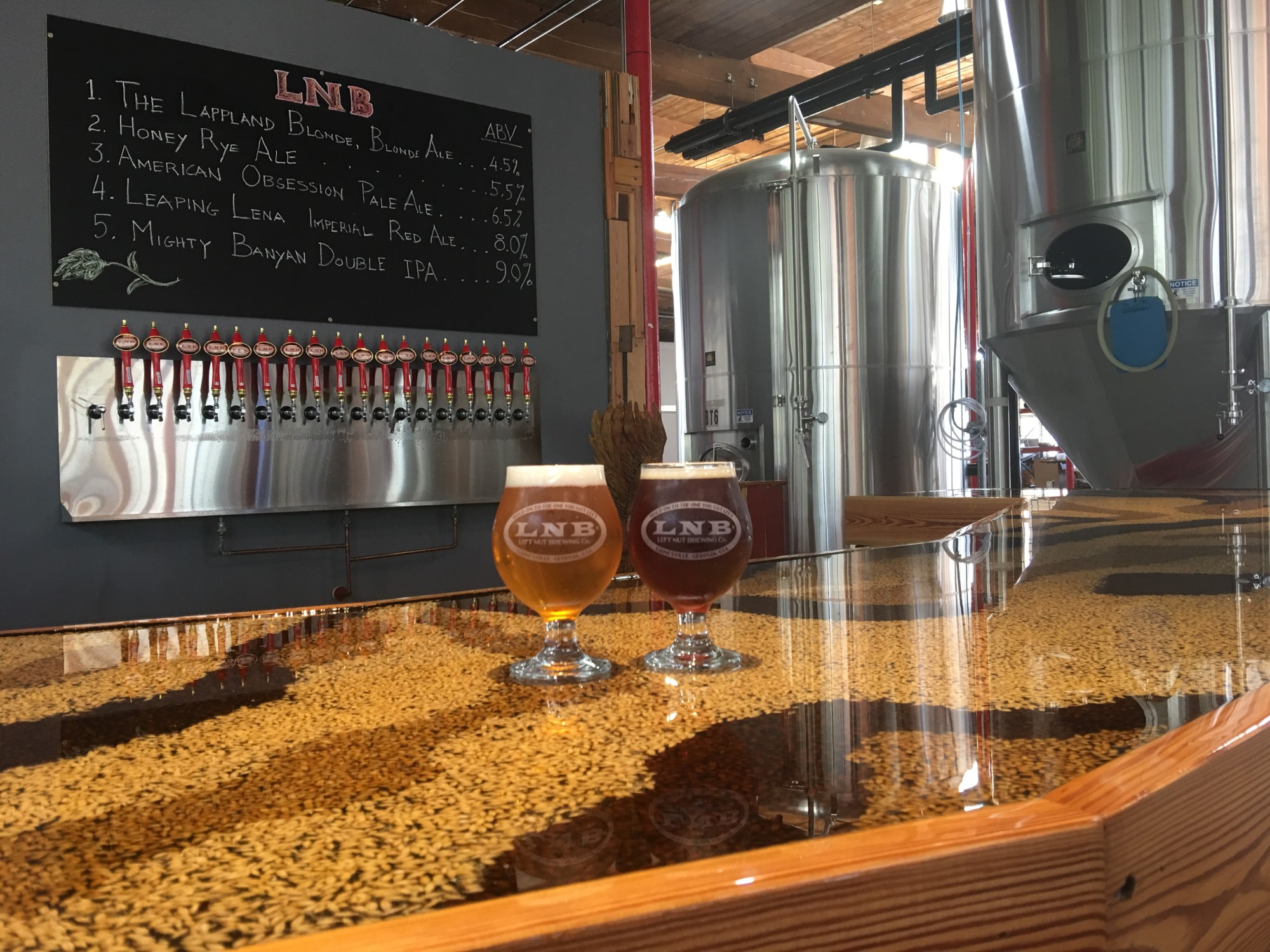 The bar at Left Nut Brewing Company in Gainesville, Georgia