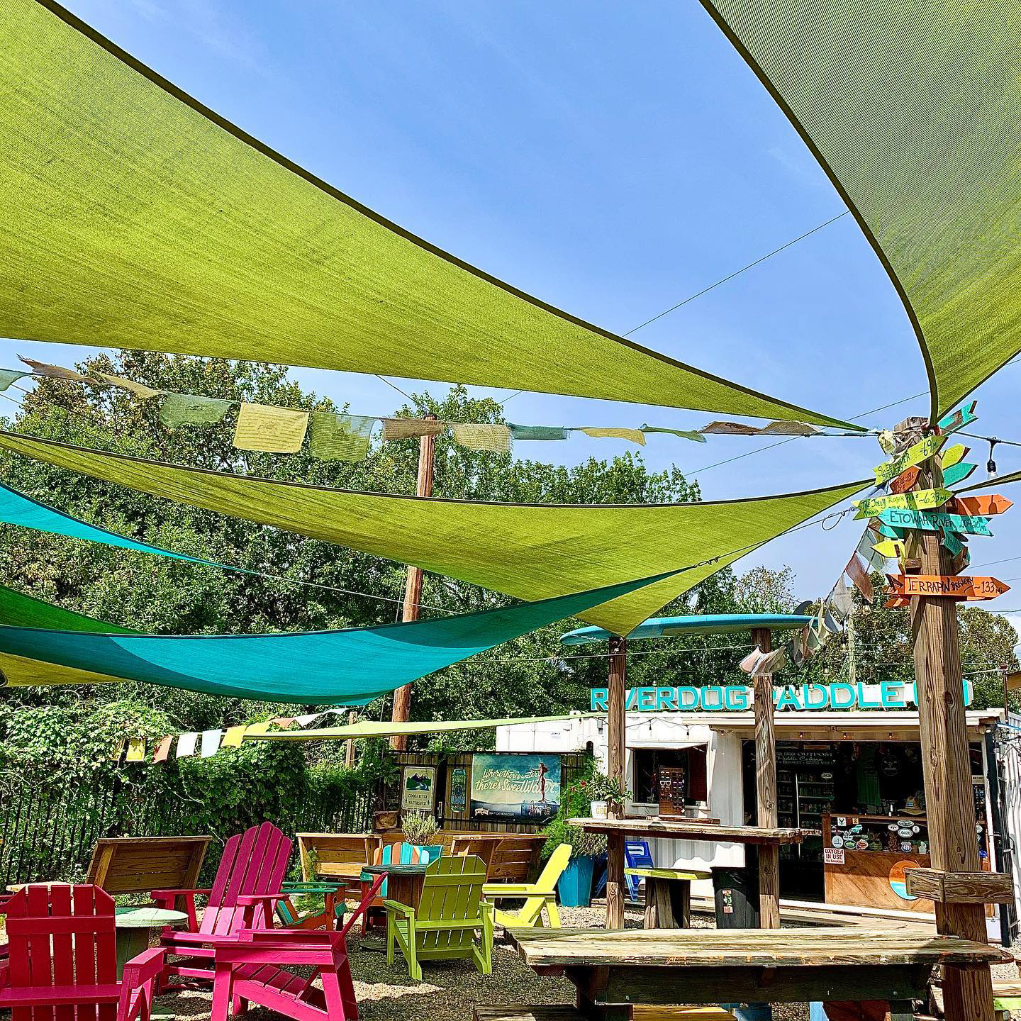 Outdoor seating at River Dog Outpost in Rome, Georgia