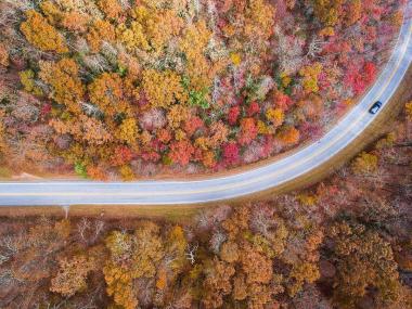 Aerial view of a scenic road winding through a colorful forest