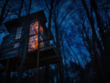 Treetop Hideaways A treetop house lit up at night against a dark sky
