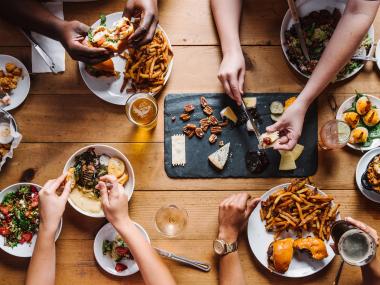 Overhead view of a table of food at Sweet Grass Dairy & Cheese Shop in Thomasville, Georgia