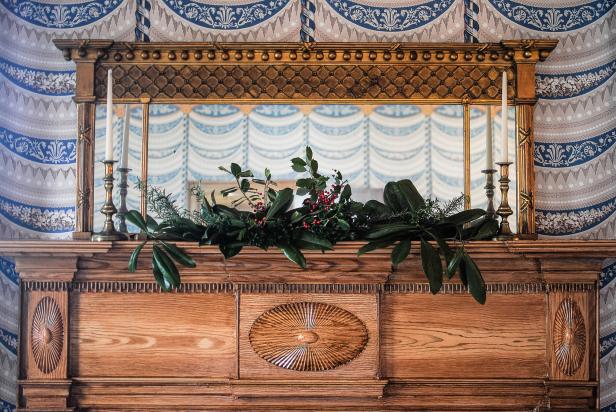 Holiday decorations on the mantel at the Church-Waddel-Brumby House in Athens, Georgia