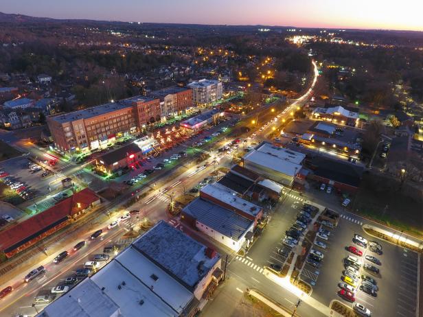 aerial view of downtown Woodstock at night