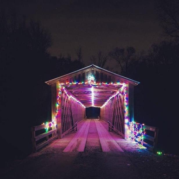 Elder Mill Covered Bridge holiday lights in Watkinsville, Georgia