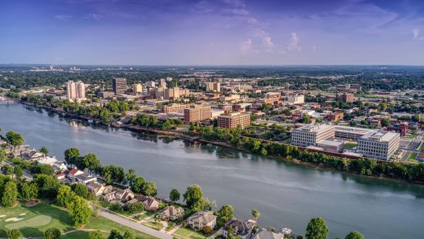 Aerial view of Augusta along the river