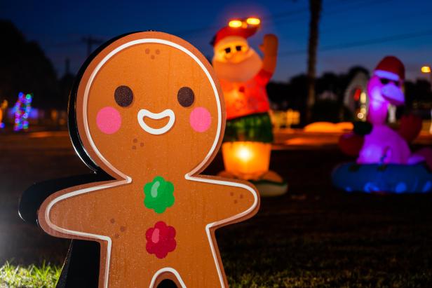 gingerbread man lit up for Christmas lights