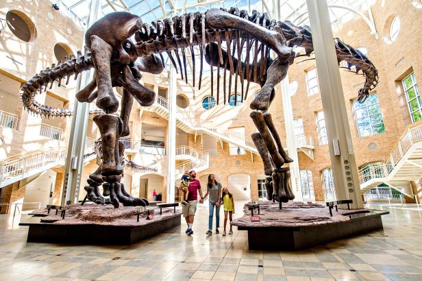 Family of four holding hands and walking underneath a large dinosaur statue at the Fernbank Museum of Natural History in Atlanta, Georgia