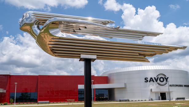 Silver exterior sculpture outside of the Savoy Automobile Museum in Cartersville, Georgia