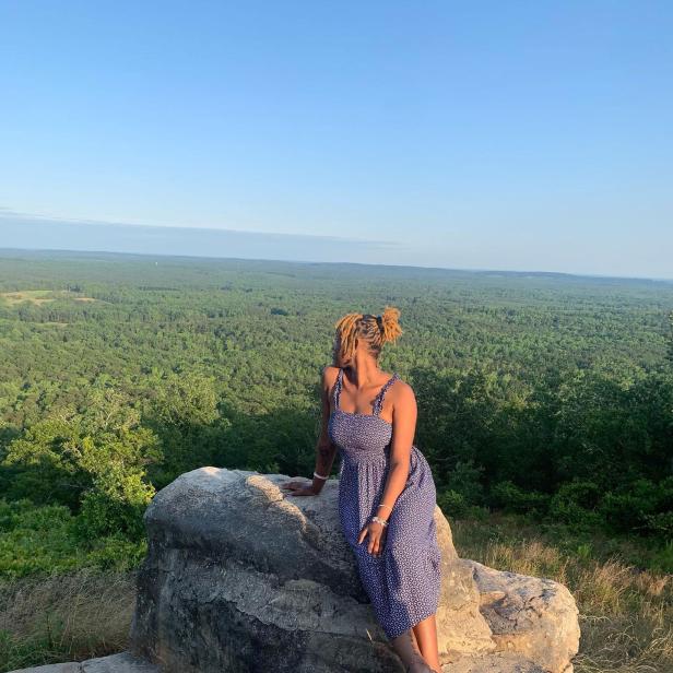 Woman at overlook on the Pine Mountain Trail at F.D. Roosevelt State Park in Pine Mountain, Georgia