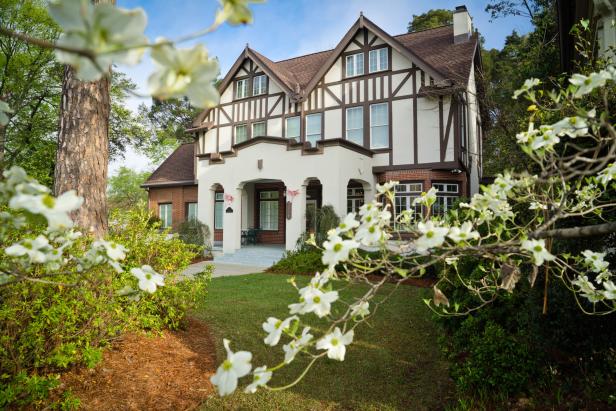 The Allman Brothers Band Museum at The Big House in Macon, Georgia, with flowering dogwoods in springtime