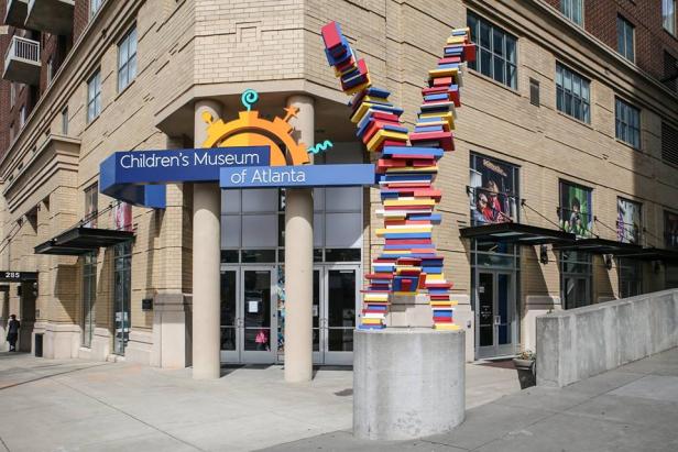Exterior entrance and a colorful sculpture at the Children's Museum of Atlanta in Atlanta, Georgia