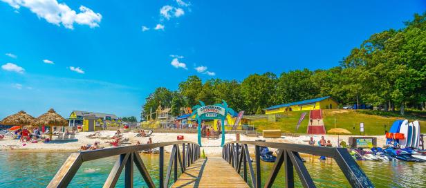 Bridge to LandShark Bar & Grill on a sunny day at Margaritaville at Lake Lanier Islands, Georgia