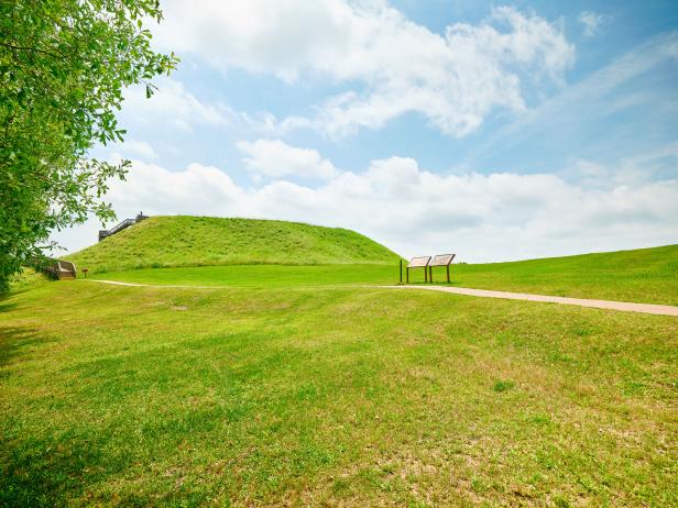 Grassy field and mound in the distance