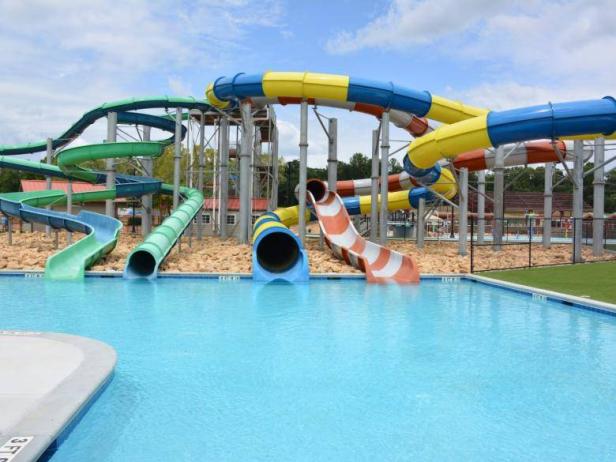 The water slides at Spivey Splash Water Park in Jonesboro, Georgia