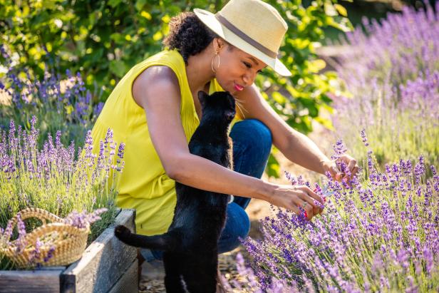 Woman and cat with lavender at White Hills Farm in Thomson, Georgia