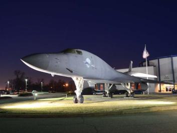 Night view of the B-1B Bomber outside the Eagle Building.