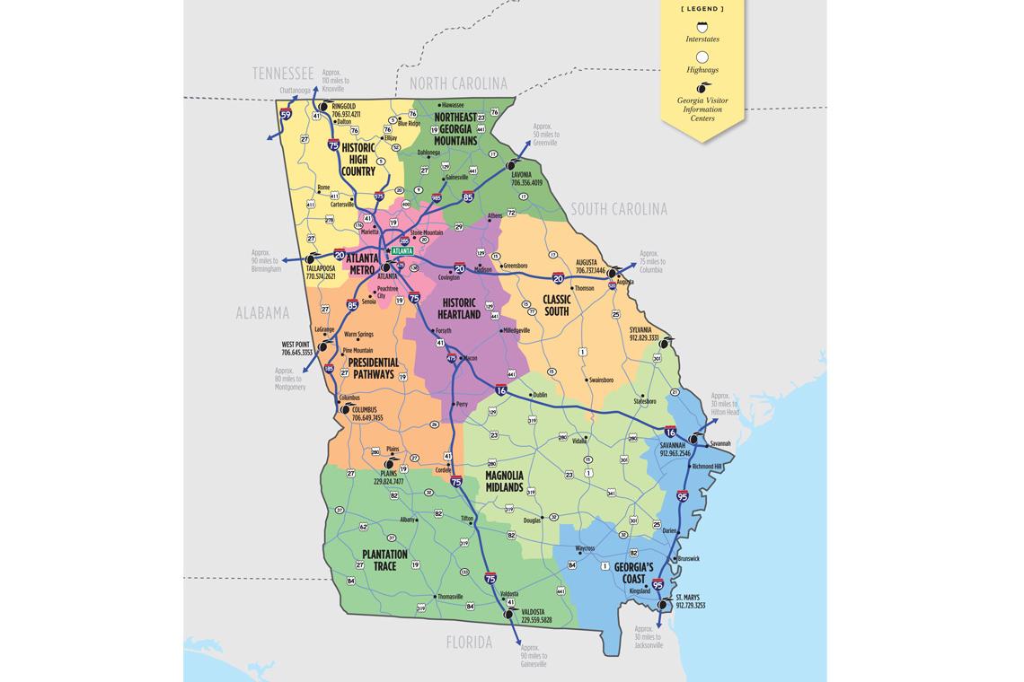 Georgia state map with highways and visitor information centers